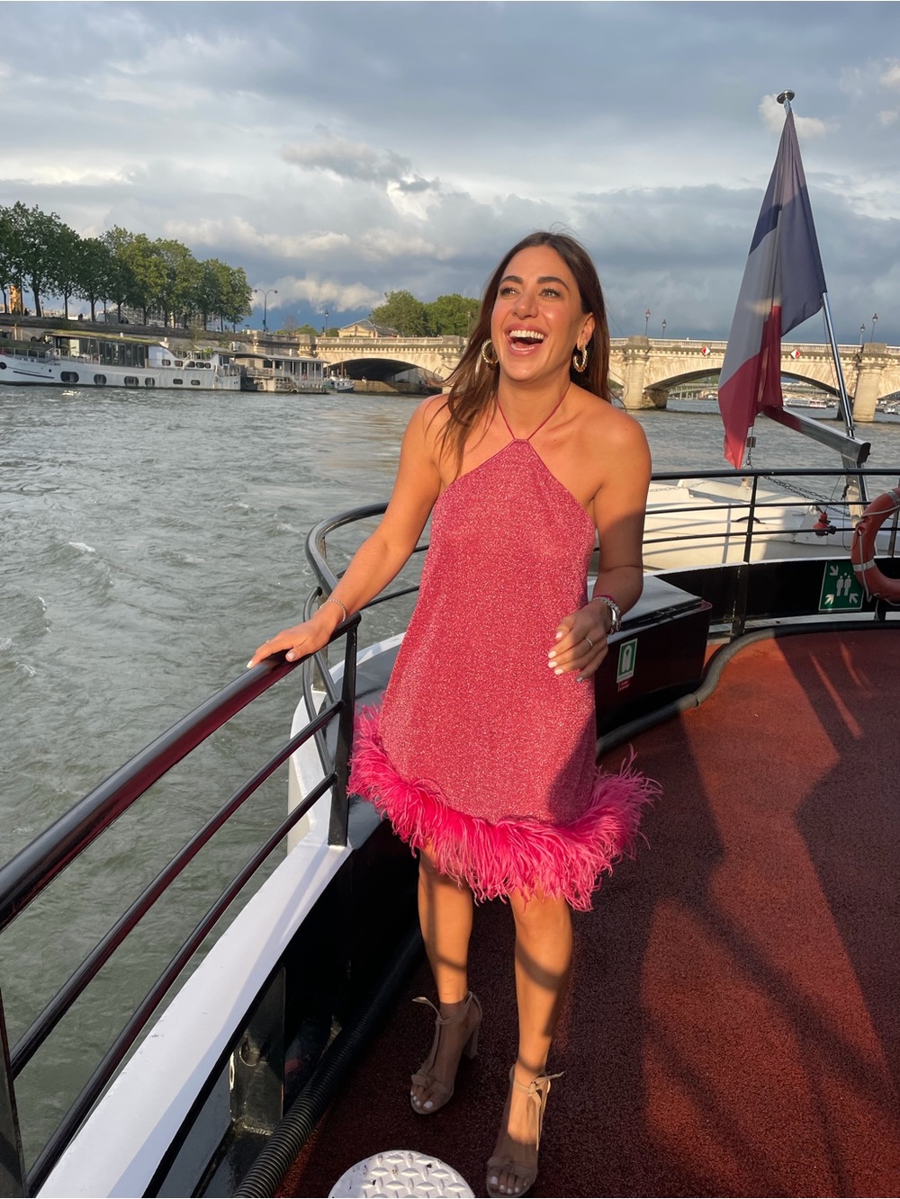 Oseree Hot Pink Halter Feather-Trim Mini Dress
